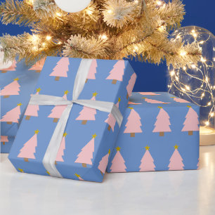 Pink Christmas Tree Line & Golden Star on Blue Wrapping Paper