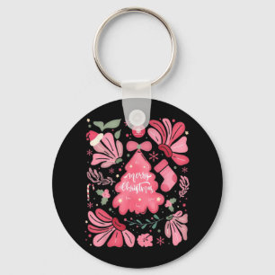 Pink Christmas Tree Merry And Bright Xmas Holiday  Key Ring