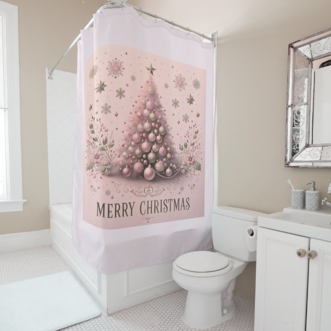 Pink Christmas Tree Merry Christmas Shower Curtain (In Situ)