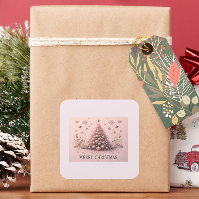Pink Christmas Tree Merry Christmas  Square Sticker (Holiday)