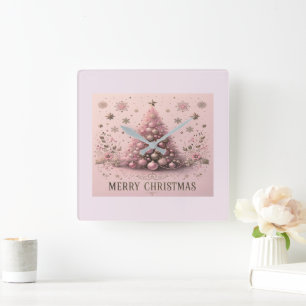 Pink Christmas Tree Merry Christmas Wall Clock