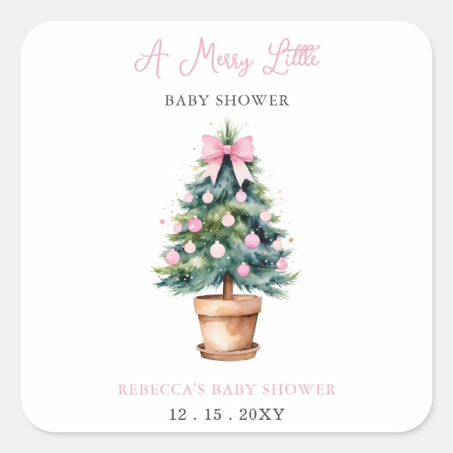 Pink Christmas Tree Merry Little Baby Shower Square Sticker (Front)