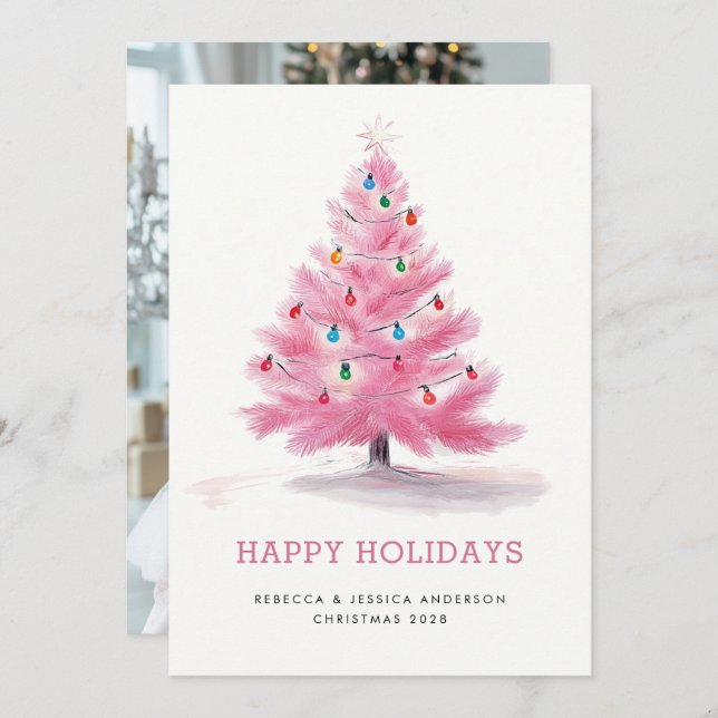 Pink Christmas Tree Modern Custom Photo Holiday Card (Front/Back)