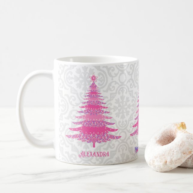 Pink Christmas Tree Name Custom Sparkle Coffee Mug (With Donut)