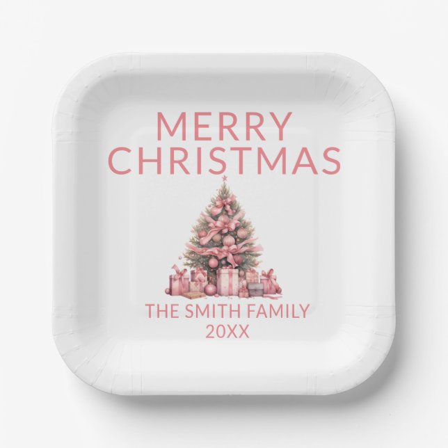 Pink Christmas Tree Party Paper Plate (Front)