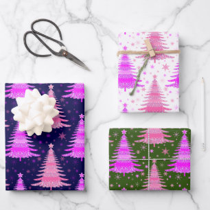 Pink Christmas Tree Pattern Design  Wrapping Paper Sheet