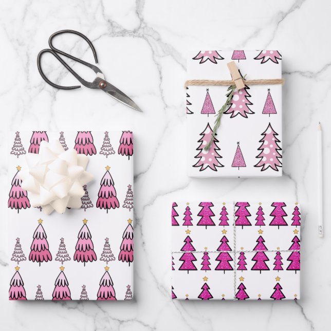 Pink Christmas Tree Pattern Glitter & Leopard Fun  Wrapping Paper Sheet (Front)