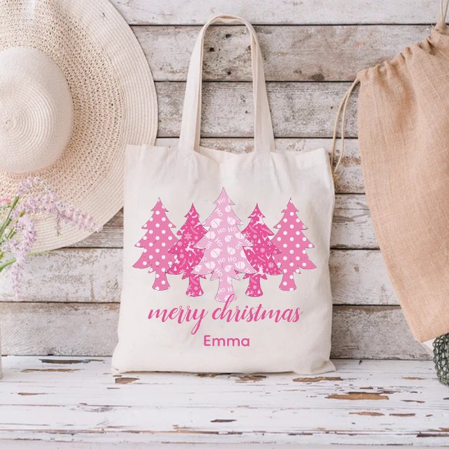 Pink Christmas Tree Pattern with Elegant Name  Tote Bag (Pink Christmas Tree Pattern with Elegant Name Tote Bag)