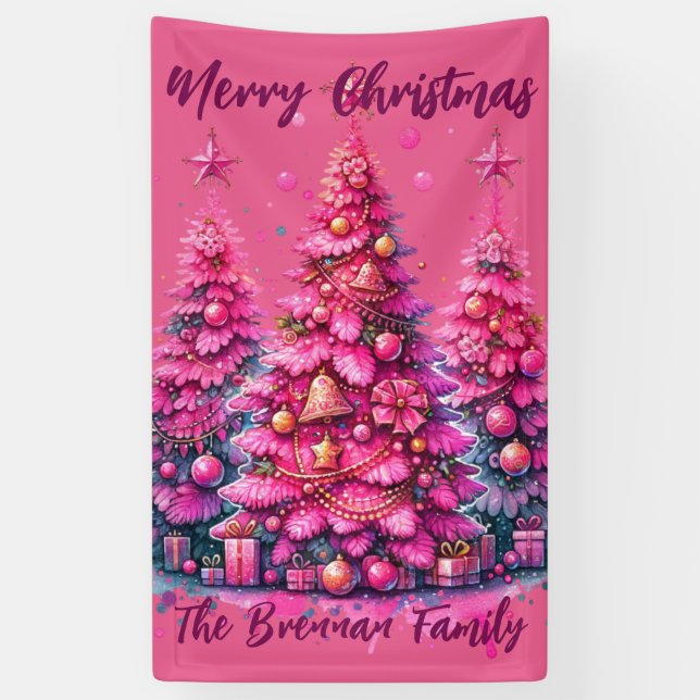 Pink Christmas Tree Personalised Family Banner (Vertical)