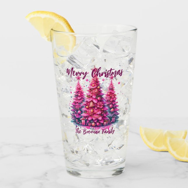 Pink Christmas Tree Personalised Family Glass (Front Ice)