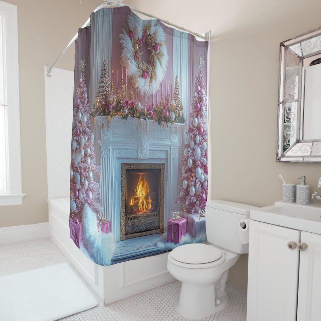 Pink Christmas Tree Pink Candles Fireplace Ostrich Shower Curtain (In Situ)