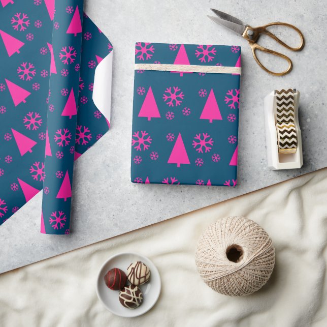 Pink Christmas Tree Snowflakes Blue Wrapping Paper (Crafts)