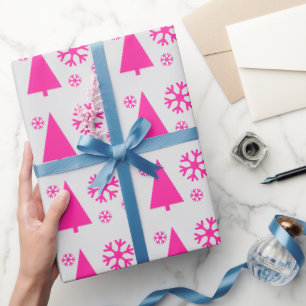 Pink Christmas Tree Snowflakes Light Grey Wrapping Paper