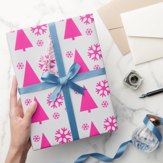 Pink Christmas Tree Snowflakes Light Grey Wrapping Paper (Gifting)