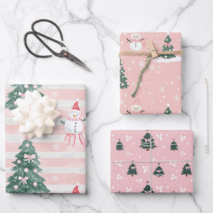 Pink Christmas Tree Snowman Playful Snowflakes Wrapping Paper Sheet