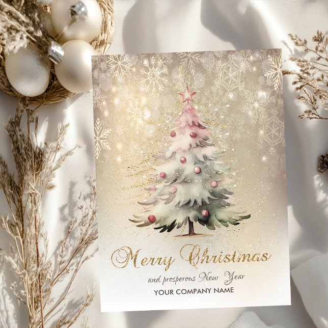 Pink Christmas Tree Stars Snowflakes Holiday Card (Creator Uploaded)