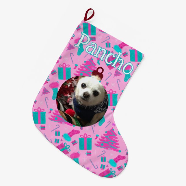 Pink Christmas tree stocking candy cane presents (Front (Hanging))