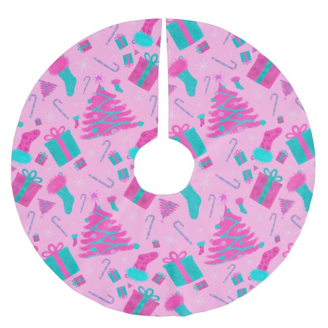 Pink Christmas tree stocking candy cane presents Brushed Polyester Tree Skirt (Front)