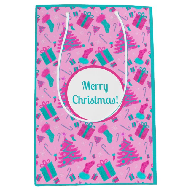 Pink Christmas tree stocking candy cane presents Medium Gift Bag (Front)