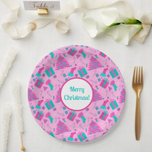 Pink Christmas tree stocking candy cane presents Paper Plate