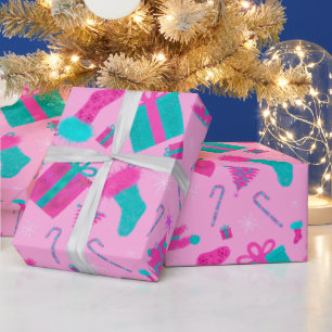 Pink Christmas tree stocking candy cane presents Wrapping Paper