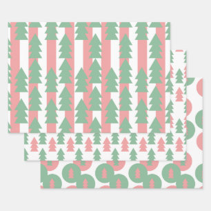 Pink Christmas Tree Stripes and Dots Ornaments Wrapping Paper Sheet