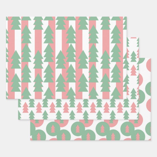 Pink Christmas Tree Stripes and Dots Ornaments Wrapping Paper Sheet (Set)