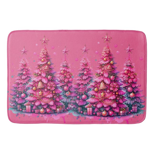 Pink Christmas Tree Trendy Preppy Aesthetic Bath Mat (Front)
