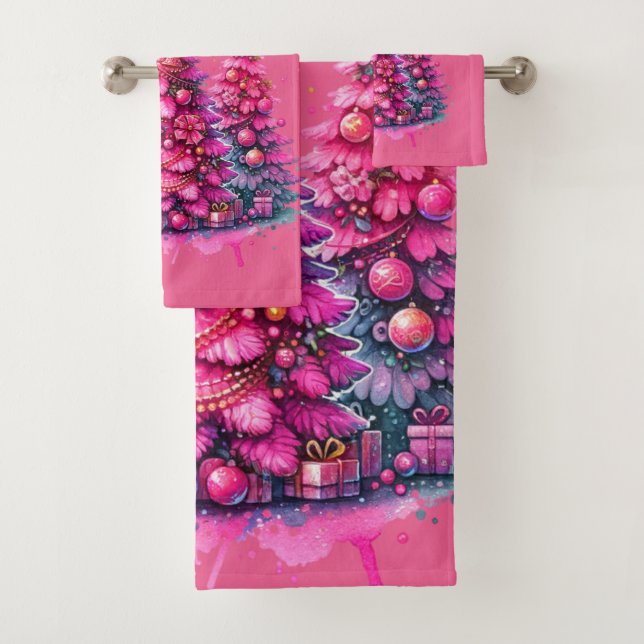 Pink Christmas Tree Trendy Preppy Aesthetic Bath Towel Set (Insitu)