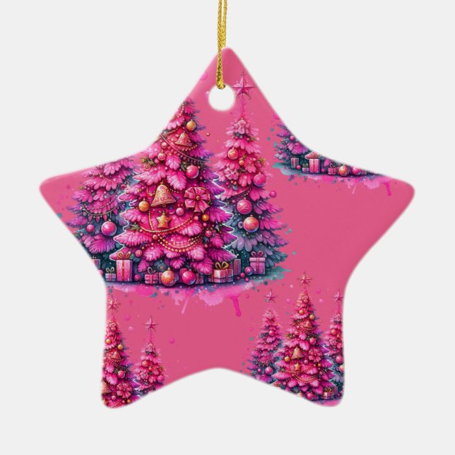 Pink Christmas Tree Trendy Preppy Aesthetic Ceramic Tree Decoration (Front)