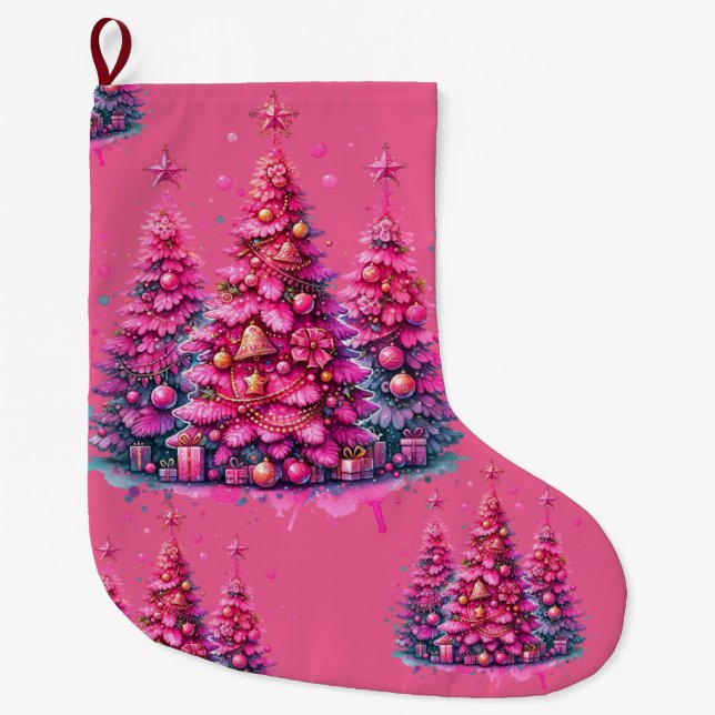 Pink Christmas Tree Trendy Preppy Aesthetic Large Christmas Stocking (Front)