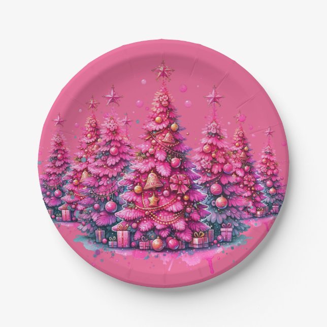 Pink Christmas Tree Trendy Preppy Aesthetic Paper Plate (Front)