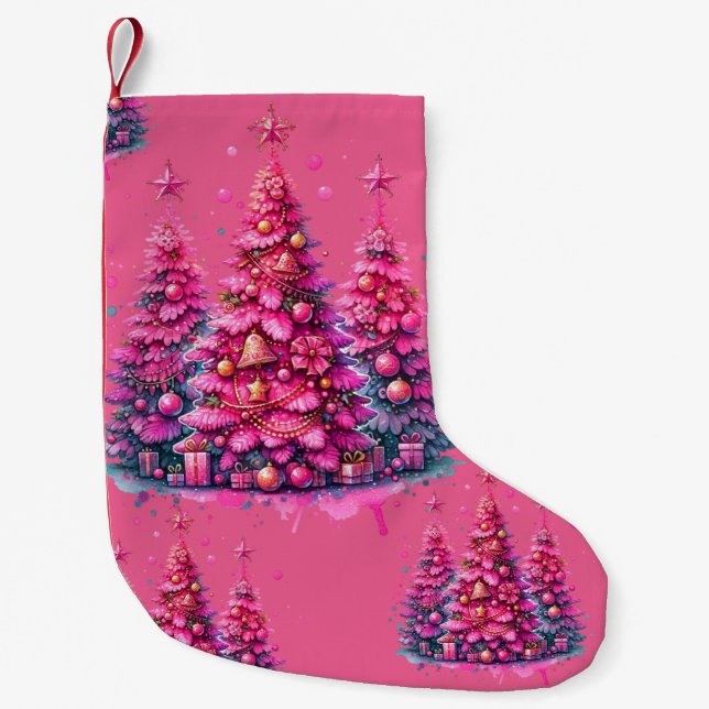 Pink Christmas Tree Trendy Preppy Aesthetic Small Christmas Stocking (Front)