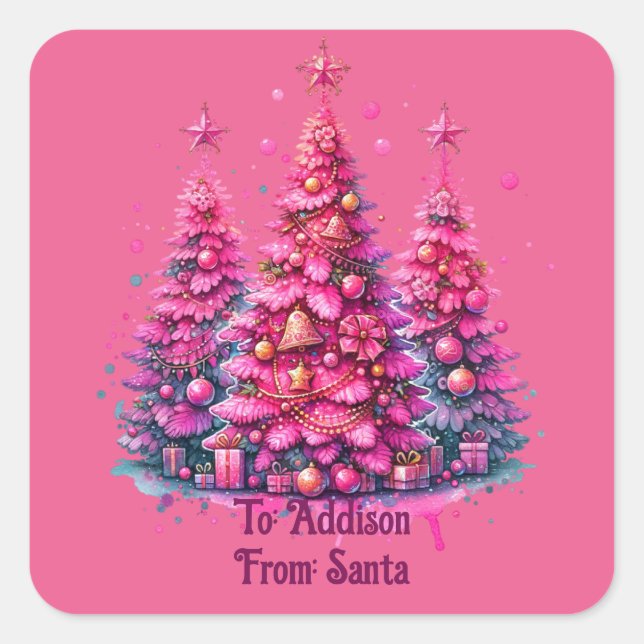 Pink Christmas Tree Trendy Preppy Aesthetic Square Sticker (Front)