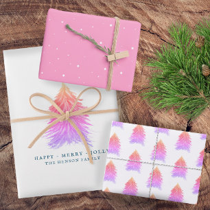 Pink Christmas Tree Watercolor Drawing Holiday Wrapping Paper Sheet