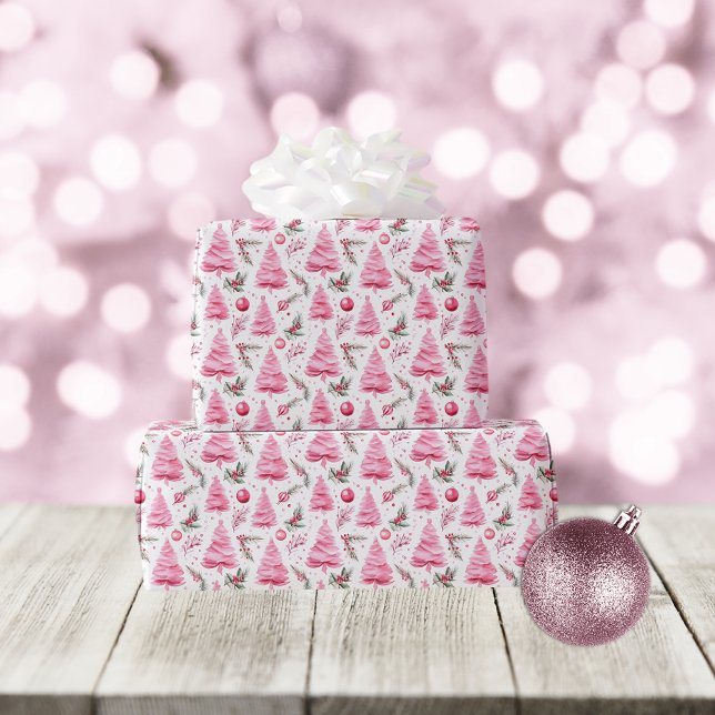 Pink Christmas Tree Watercolor Pattern Wrapping Paper (Creator Uploaded)