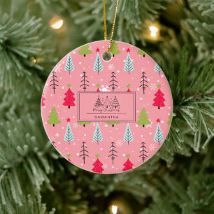 Pink Christmas Tree Whimsical Holiday Pattern Ceramic Tree Decoration
