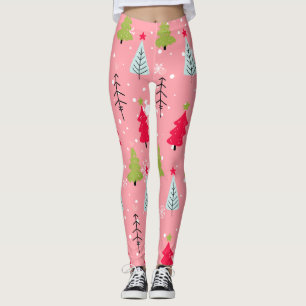 Pink Christmas Tree Whimsical Holiday Pattern Leggings