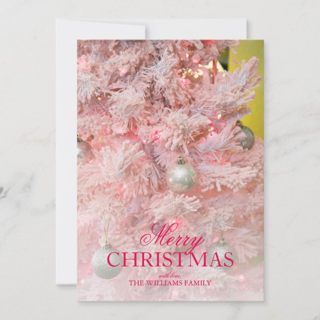 Pink Christmas Tree with Silver Ornaments Holiday Card (Front)