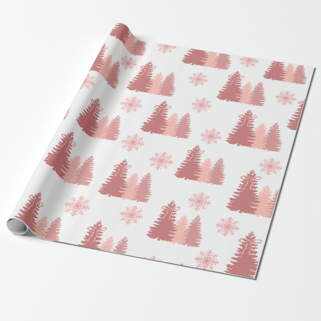 Pink Christmas Tree With Snowflakes Pattern Wrapping Paper (Unrolled)