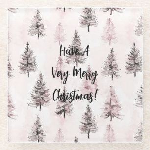 Pink Christmas Trees Glass Coaster