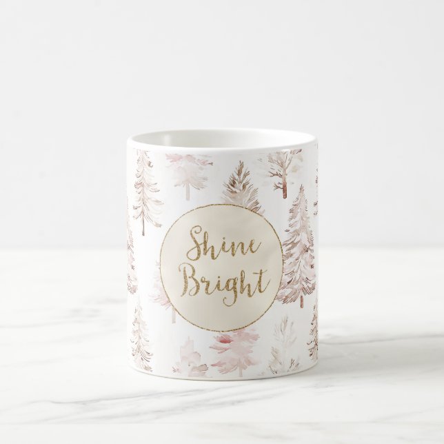 Pink Christmas Trees Gold Glitter Shine Bright Coffee Mug (Center)