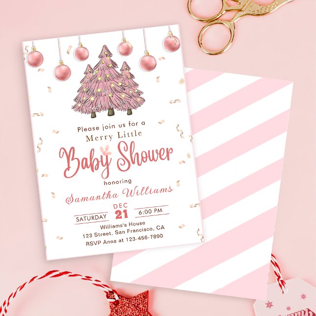 Pink Christmas Trees Merry Little Baby Shower Invitation (Creator Uploaded)