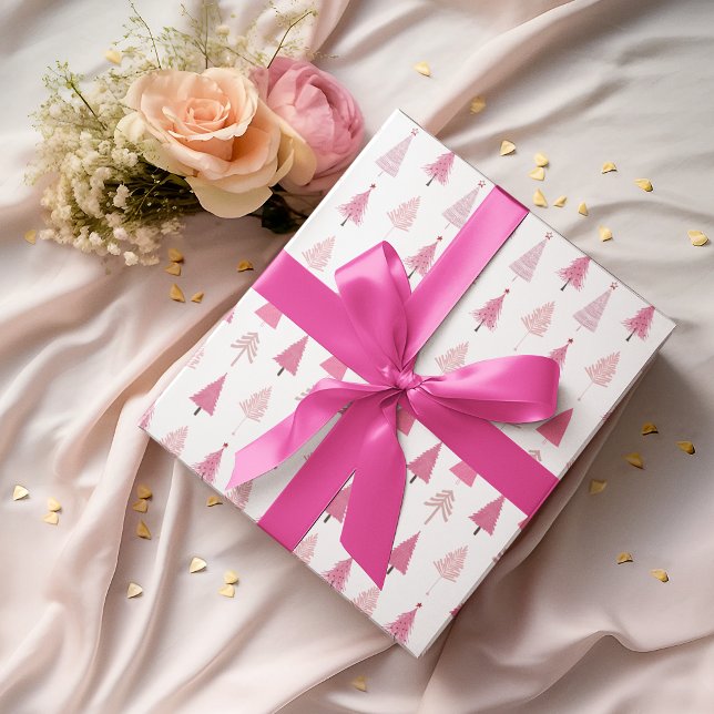 Pink Christmas Trees Modern Pattern Wrapping Paper (Creator Uploaded)