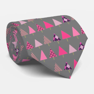Pink Christmas Trees on Gray Christmas Party Tie