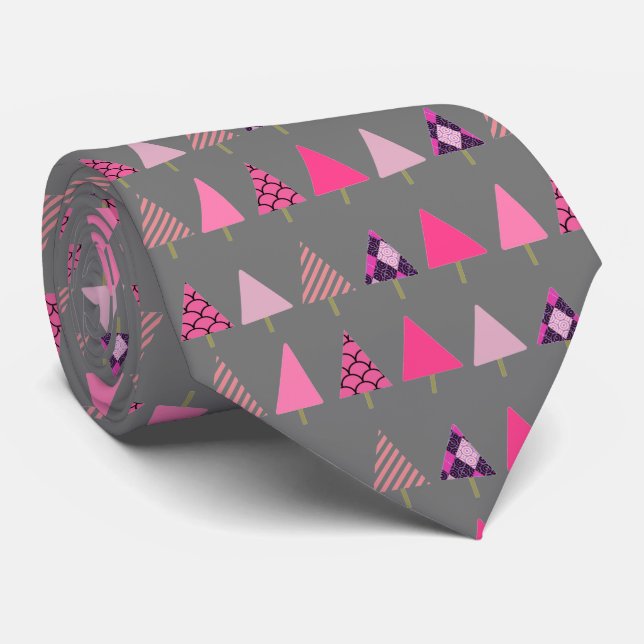 Pink Christmas Trees on Gray Christmas Party Tie (Rolled)