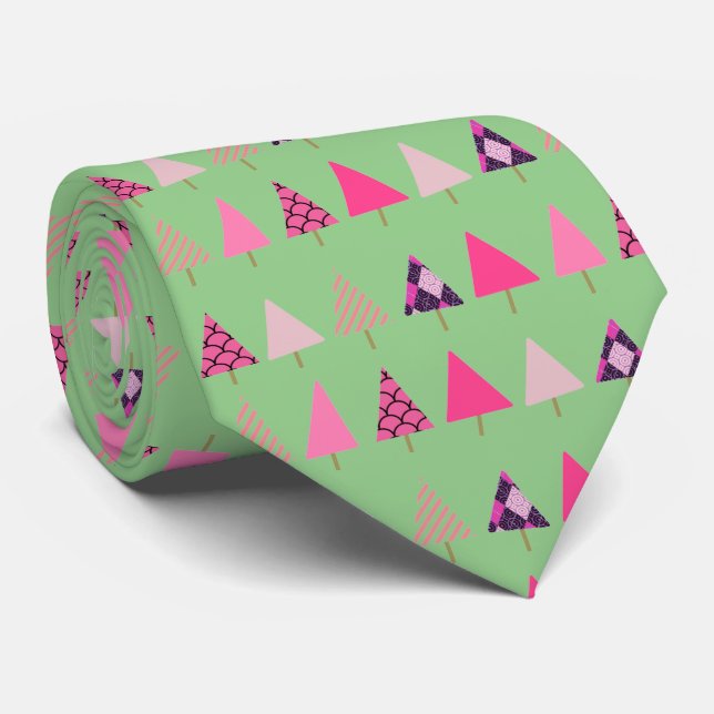 Pink Christmas Trees on Mint Green Christmas Party Tie (Rolled)