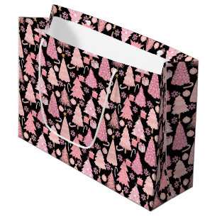 Pink Christmas Trees Pattern Black BG Large Gift Bag