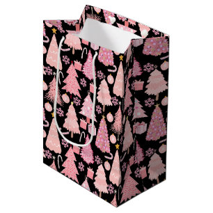 Pink Christmas Trees Pattern Black BG Medium Gift Bag