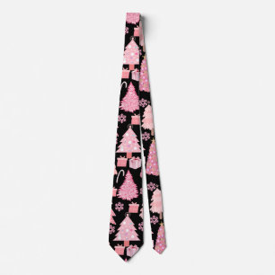 Pink Christmas Trees Pattern Black BG Tie